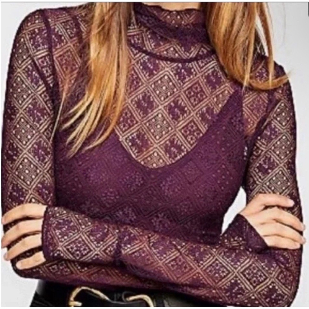 Intimately Free People Size S Sweet Memories Lace Turtleneck Sheer Berry Secret